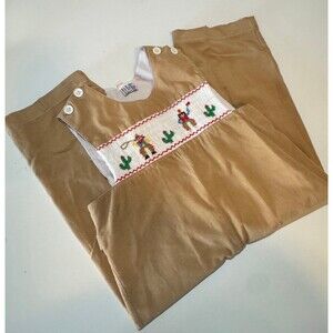 Vintage Girls Orient Express Smocked Brown Cowboy Themed One Piece Outfit Size 5
